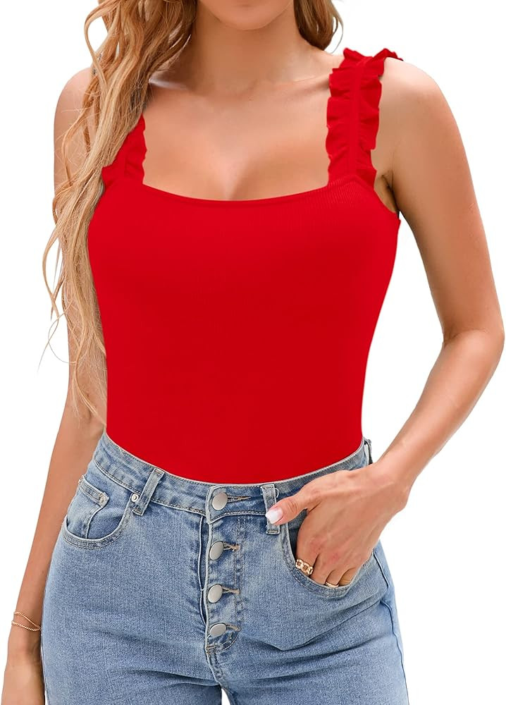 HERLOLLYCHIPS Sexy Tank Tops for Women Square Neck Ruffle Strap Ribbed Knit Tight Stretchy Sleeve... | Amazon (US)