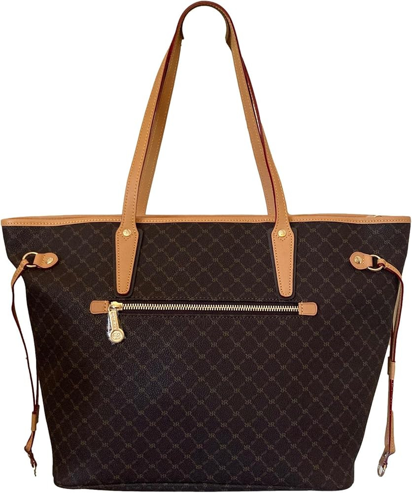 Rioni Signature Brown Designer Canvas Italian Leather Trimmed Tote Shoulder Bag | Amazon (US)