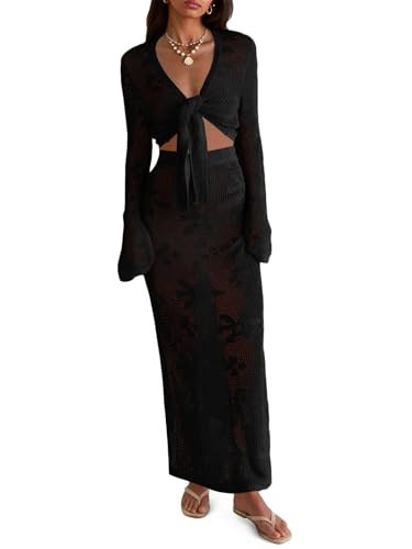 Saodimallsu Womens Crochet Swim Cover Up 2 Piece V Neck Long Sleeve Wrap Tie Crop Tops Beach Boho Maxi Coverup Set Black | Amazon (US)