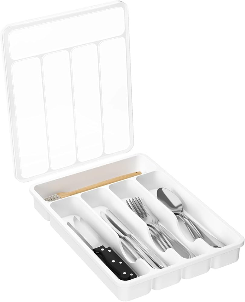 Lifewit Silverware Organizer with Lid, Covered Utensil Tray for Kitchen Drawer and Countertop, Pl... | Amazon (US)
