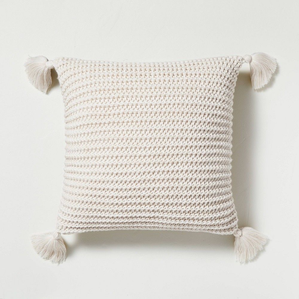18"" x 18"" Chunky Knit Tassel Throw Pillow Heather Oatmeal - Hearth & Hand with Magnolia | Target