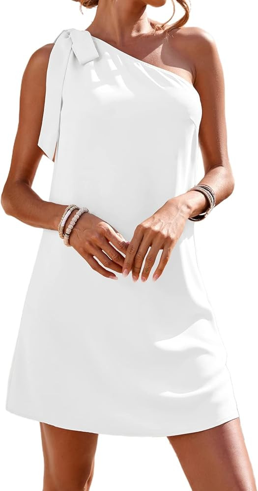 Fesier One Shoulder Dresses for Women Sexy Sleeveless Silk Knot Shift Mini Dress Casual Solid Col... | Amazon (US)