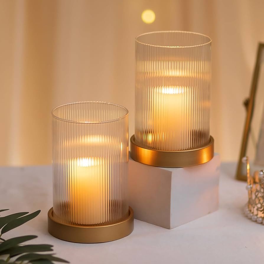 Hewory Ribbed Hurricane Candle Holder: Gold Votive Candle Holders Set of 2, Glass Hurricane with ... | Amazon (US)