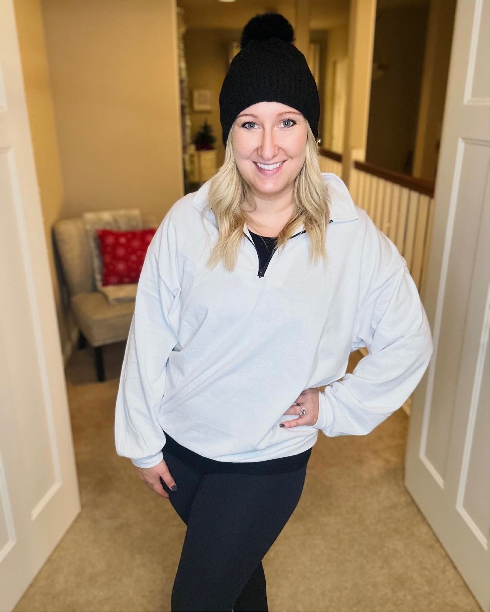 One of my new favorite busy day outfits! These leggings are THE BEST and so comfortable! I love this quarter zip also! I like the thinner material so I can layer up. I have a soft thermal black long sleeve underneath. The sweatshirt is closer to a t-shirt material but comfy and not too hot! It's also 20% off right now making it under $20! 🚨 These soft beanies are also the perfect winter outfit item!

#LTKstyletip #LTKSeasonal #LTKsalealert