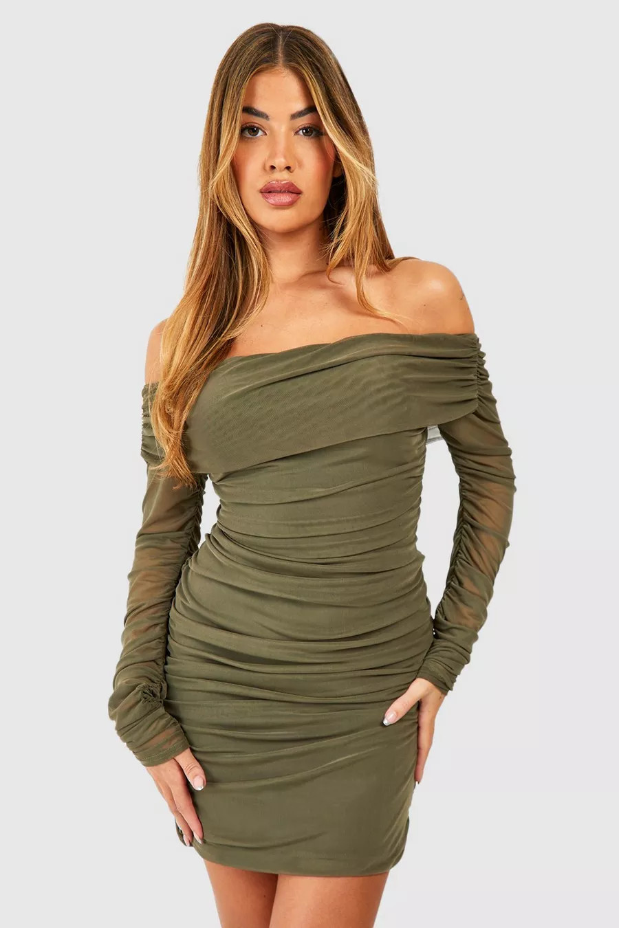 Ruched Mesh Off The Shoulder Mini Dress | boohoo (US & Canada)