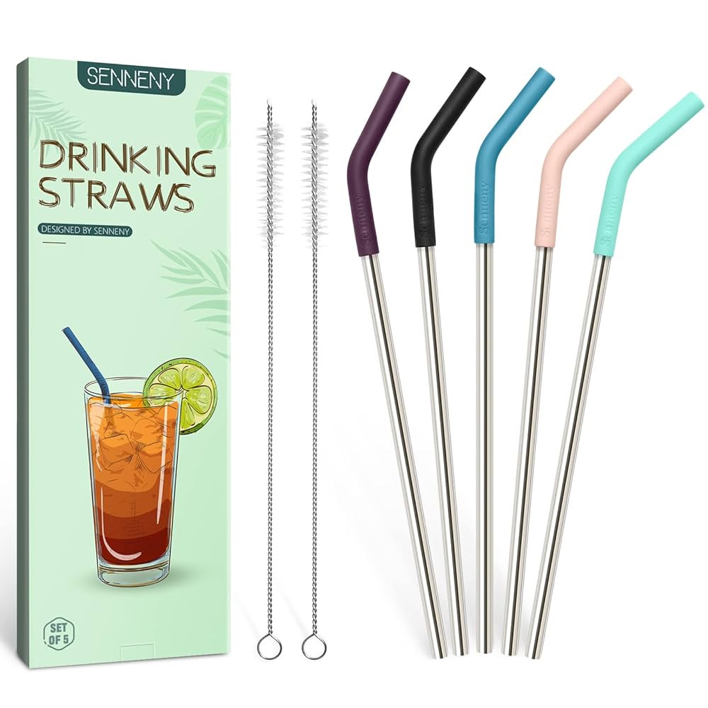 Senneny Set of 5 Stainless Steel Straws with Silicone Flex Tips Elbows Cover, 2 Cleaning Brushes ... | Amazon (US)