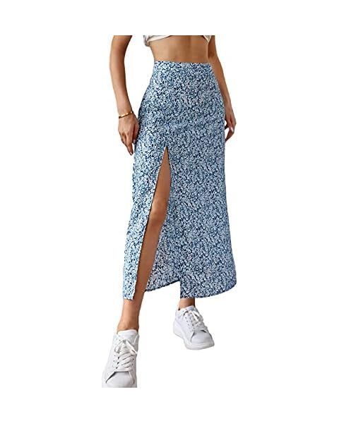 Milumia Women's Floral Print High Waist Midi Skirt High Side Split Boho Skirt Blue Medium at Amaz... | Amazon (US)