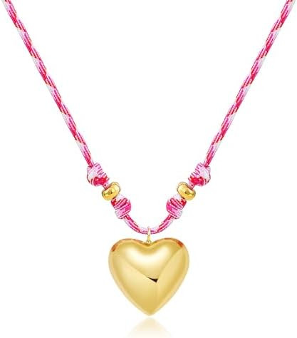 NIKOLUX Cord Pendant Necklace for Women Adjustable Pink Rope Necklace with Chunky Heart Pendant 1... | Amazon (US)