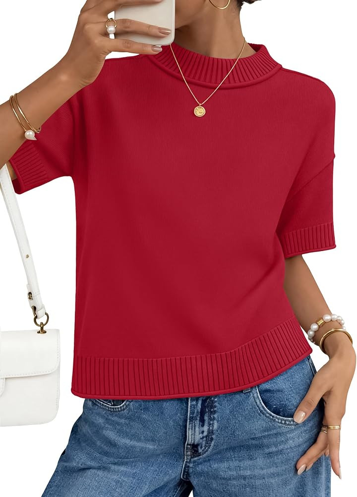 ZESICA Women's Casual Short Sleeve Sweaters 2026 Summer Oversized Crewneck Soft Knit Cropped Tops... | Amazon (US)