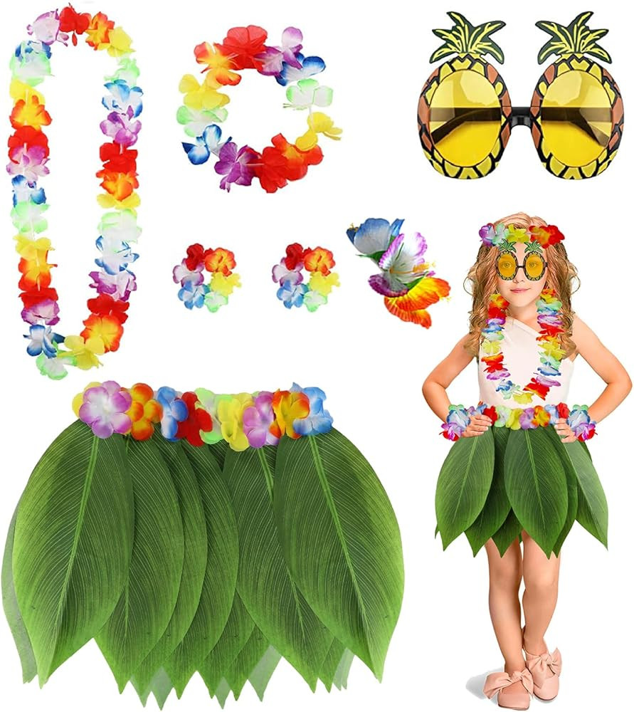PHOGARY 7 Pack Hawaiian Flower Leaf Hula Skirt Costume Accessory Kit for Hawaii Luau Party | Amazon (US)