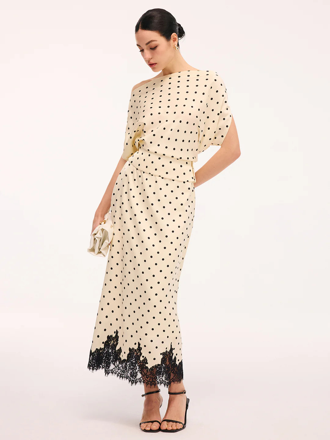 Polka Dot Top & Lace Trim Midi Skirt Set | Commense