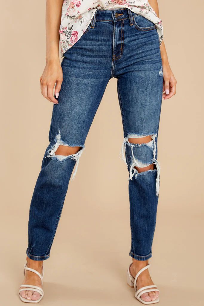 So Interested Dark Wash Distressed Mom Jeans | Red Dress 
