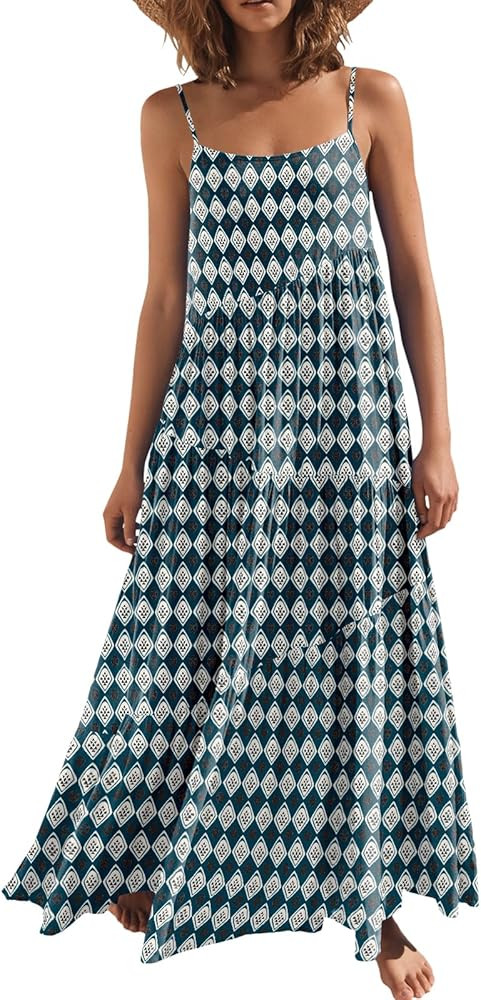 ANRABESS Women’s Summer Casual Loose Sleeveless Spaghetti Strap Asymmetric Tiered Beach Maxi Lo... | Amazon (US)