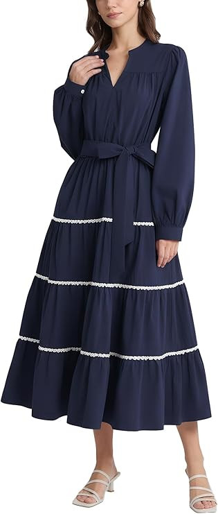 D-Sun Women's Wedding Guest Holiday Party Dresses Long Sleeve V Neck Flowy Elegant Tied Waist Max... | Amazon (US)