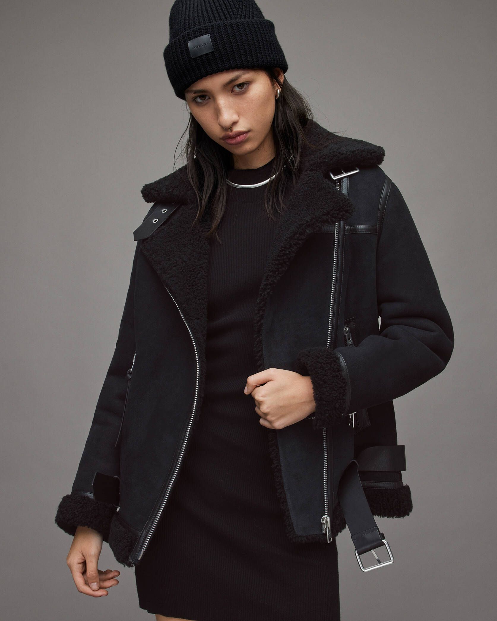 Rei Shearling Biker Jacket Black/Black | ALLSAINTS US | AllSaints US