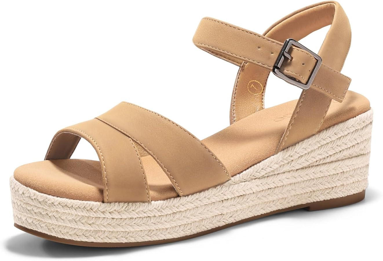 Coutgo Womens Wedge Platform Sandals Espadrille Heels Open Toe Buckle Ankle Strap Summer Shoes | Amazon (US)