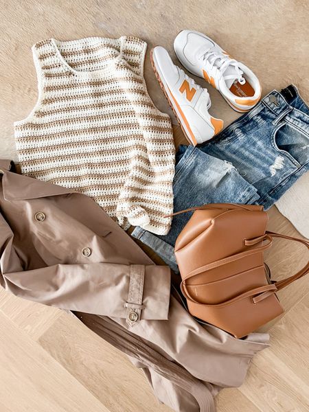 Early Fall transition outfit. Striped crochet tank (made myself), distressed straight leg jeans, trench coat, new balance sneakers, polene leather bag.

#denim #traveloutfit #flatlay #vintagesneakers #retrosneakers #falloutfit #autumnoutfit #casualoutfit 

#LTKover40 #LTKstyletip