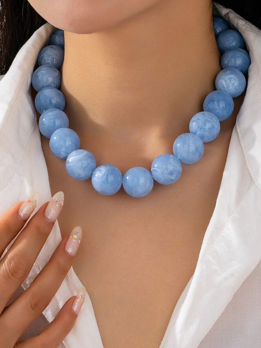 1pc Blue Bold Exaggerated Beaded Necklace For Women, Shiny Resin Beads For Daily Wear, Marble Col... | SHEIN