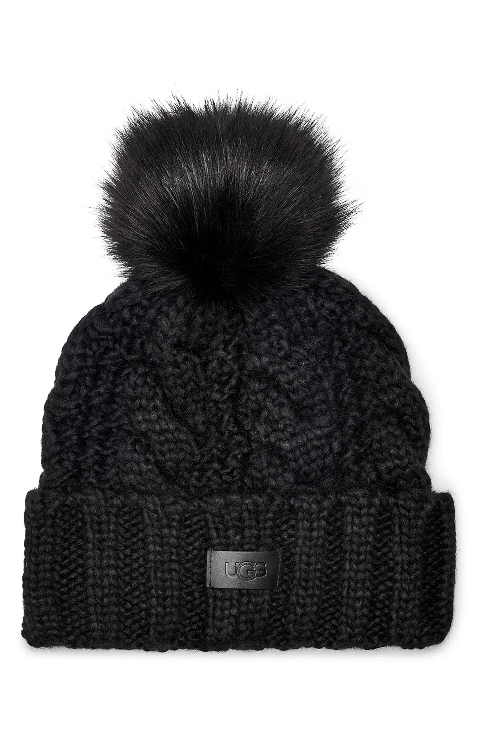 Cable Knit Beanie with Faux Fur Pom | Nordstrom