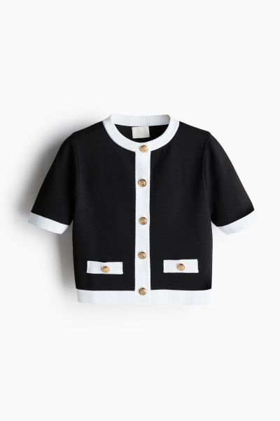 Short-sleeved Cardigan - Round Neck - Short sleeve - Black/white - Ladies | H&M US | H&M (US + CA)
