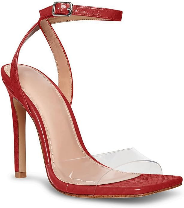Coutgo Womens Clear Heels Sandals Square Toe Ankle Strap Sexy High Heeled Stiletto Dress Shoes | Amazon (US)