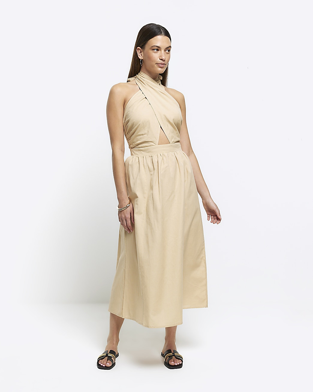 Beige linen halter neck midi dress | River Island (UK & IE)