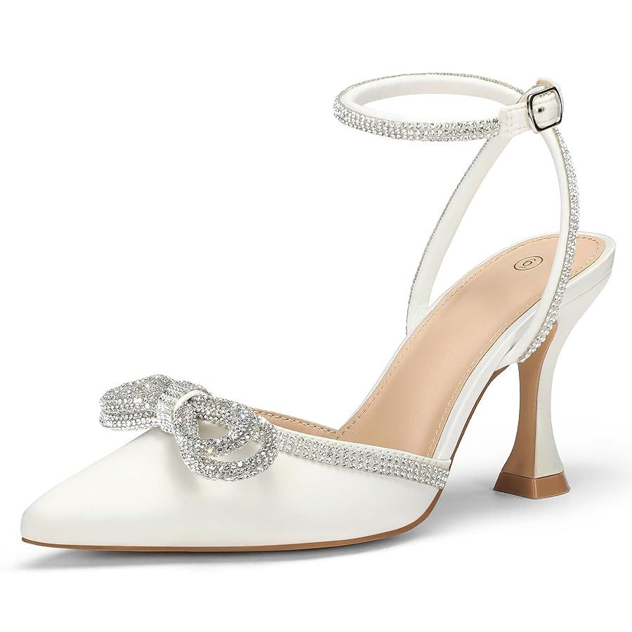 mysoft Women's Rhinestone Bow Pumps Wedding Dress Shoes Pointed Toe Ankle Strap Kitten Heels | Amazon (US)