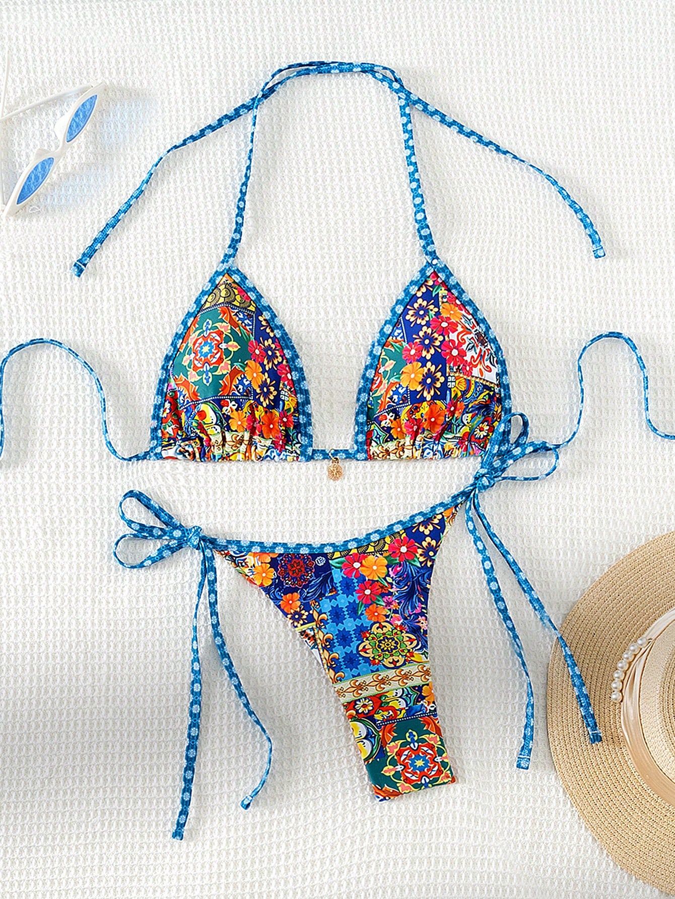 Printed Halter Neck Bikini Swimsuit Set, Two-Piece, String Beach Outfit Bathing Suit Summer | SHEIN