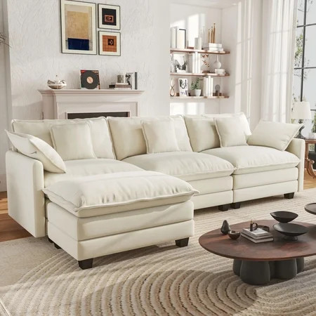 BedLuxury 111.5'' Modular Sectional Sofa with Movable Ottoman, L Shaped Cloud Couch for Living Room, 3-Seat, Beige | Walmart (US)