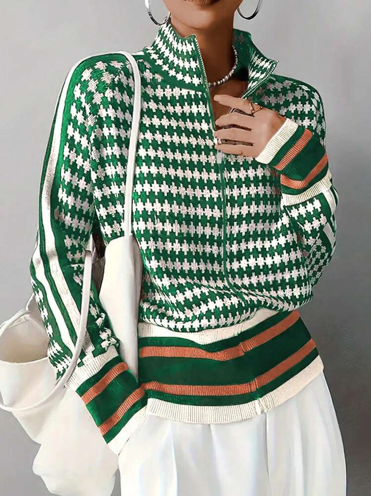 Women's All-Over Print Raglan Sleeve Zip Front Knit Stand Collar Cardigan | SHEIN