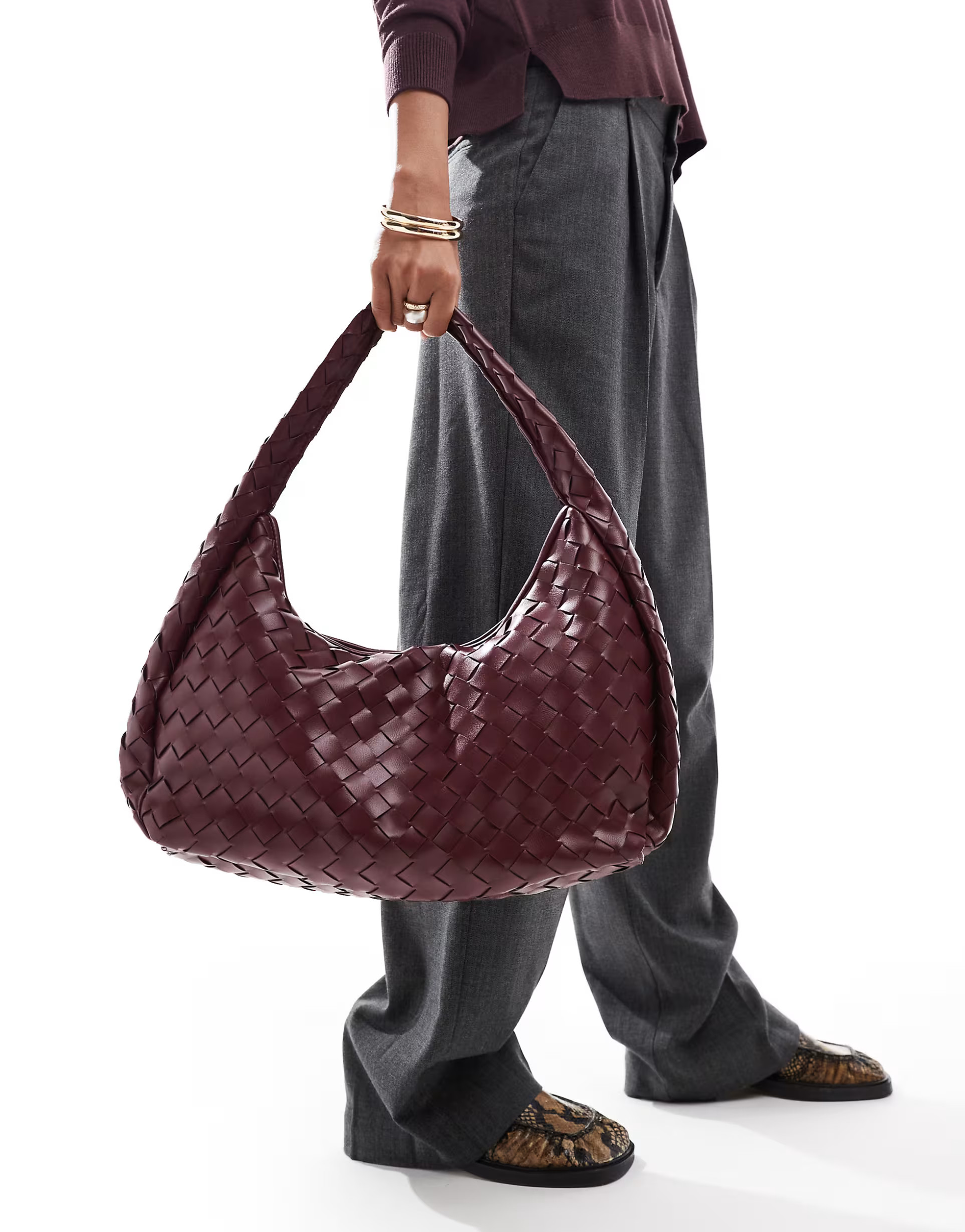 Glamorous large woven shoulder tote bag in deep burgundy | ASOS (Global)
