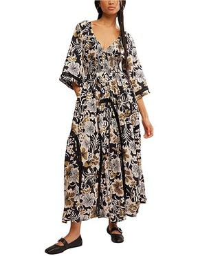 Printed Dixie V Neck 3/4 Sleeve Maxi Dress | Dillard's