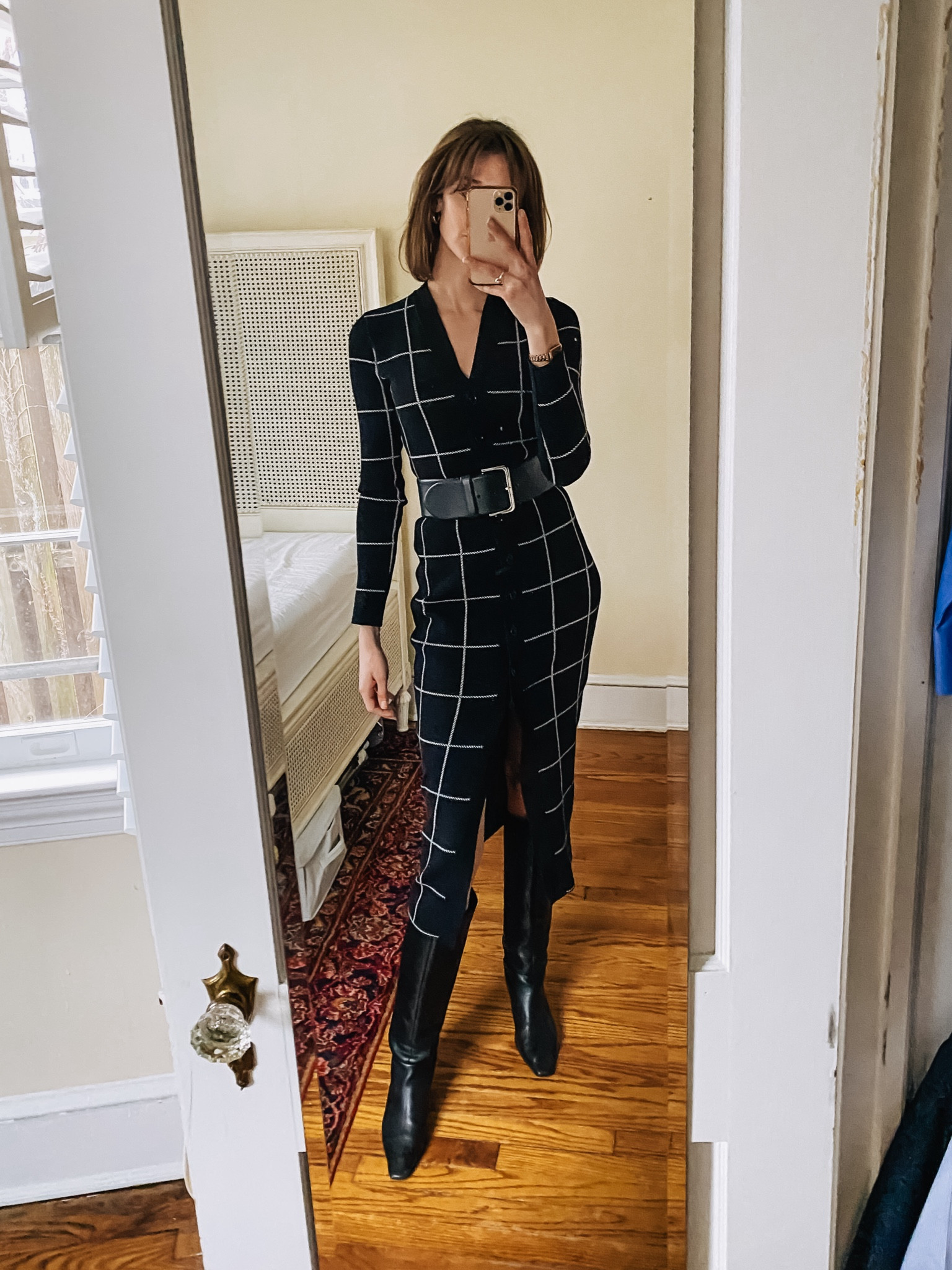 This windowpane print cardigan dress is perfect for the office with a wide belt! 

#LTKover40 #LTKSeasonal #LTKworkwear