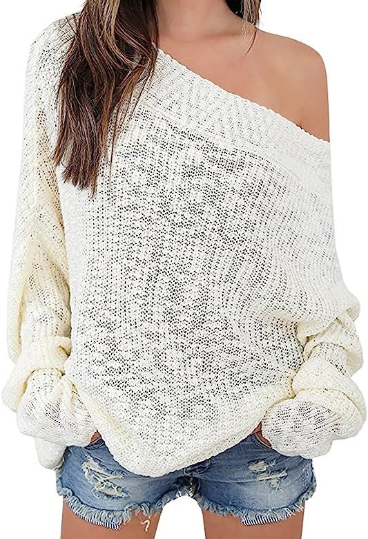 Women's Off Shoulder Sweater Batwing Sleeve Loose Oversized Pullover Knit Jumper | Amazon (US)