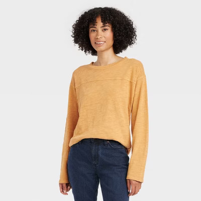 Women's Long Sleeve Varsity T-Shirt - Universal Thread™ Gold XS | Target