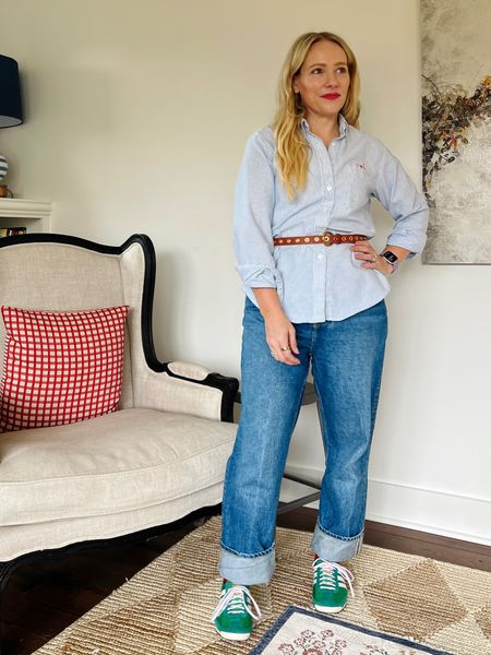 Spring casual outfit of the day - adidas sneakers, trouser socks, reformation denim, Katie lime ticking stripe top, Boden belt 
❤️ Claire Lately 

#LTKstyletip #LTKover40 #LTKshoecrush