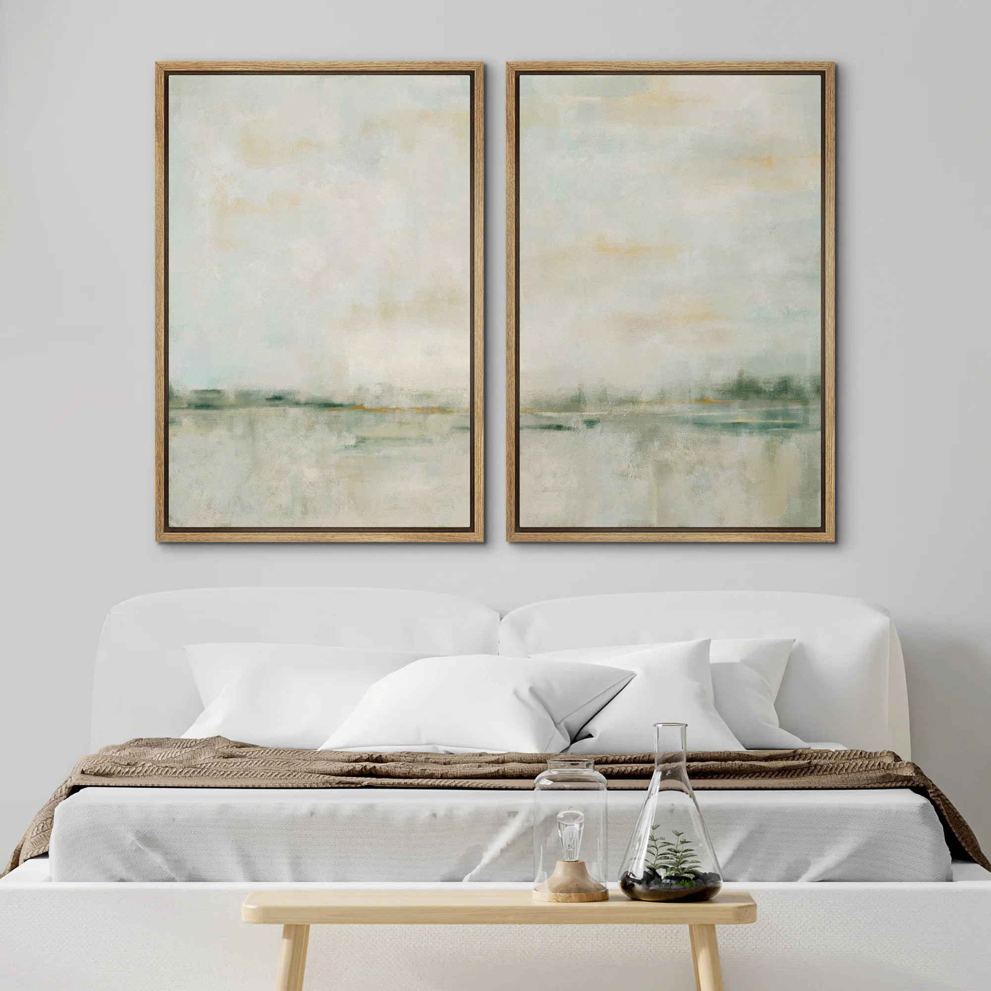 Pastel Green Abstarct Lake Landscape Neutral Minimalist Framed Canvas 2 Pieces Print Set Wall Art | Wayfair North America