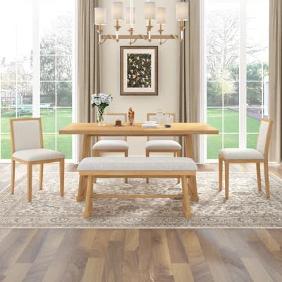 6-Piece Rustic Farmhouse Dining Table Set With Wire Brushed Rectangular Table, 4 Upholstered Linen Chairs & Padded Bench For Dining Room & Kitchen (Na | Wayfair North America
