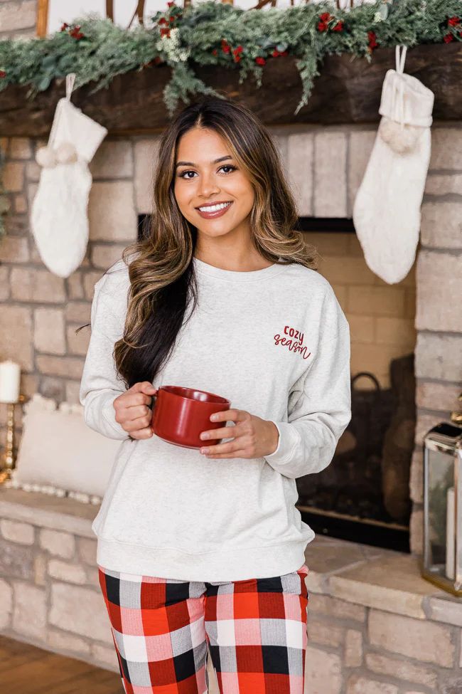 Cozy Season Embroidered Heather Sand Graphic Sweatshirt | The Pink Lily Boutique
