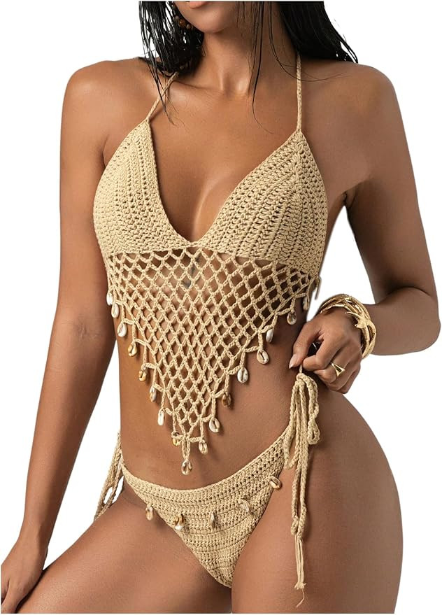 MakeMeChic Women's Boho Hollow Out Halter Bikini Sets Shell Crochet Summer Beach Swimsuit Bathing... | Amazon (US)