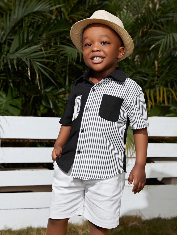 SHEIN Toddler Boys Striped Pocket Front Shirt | SHEIN