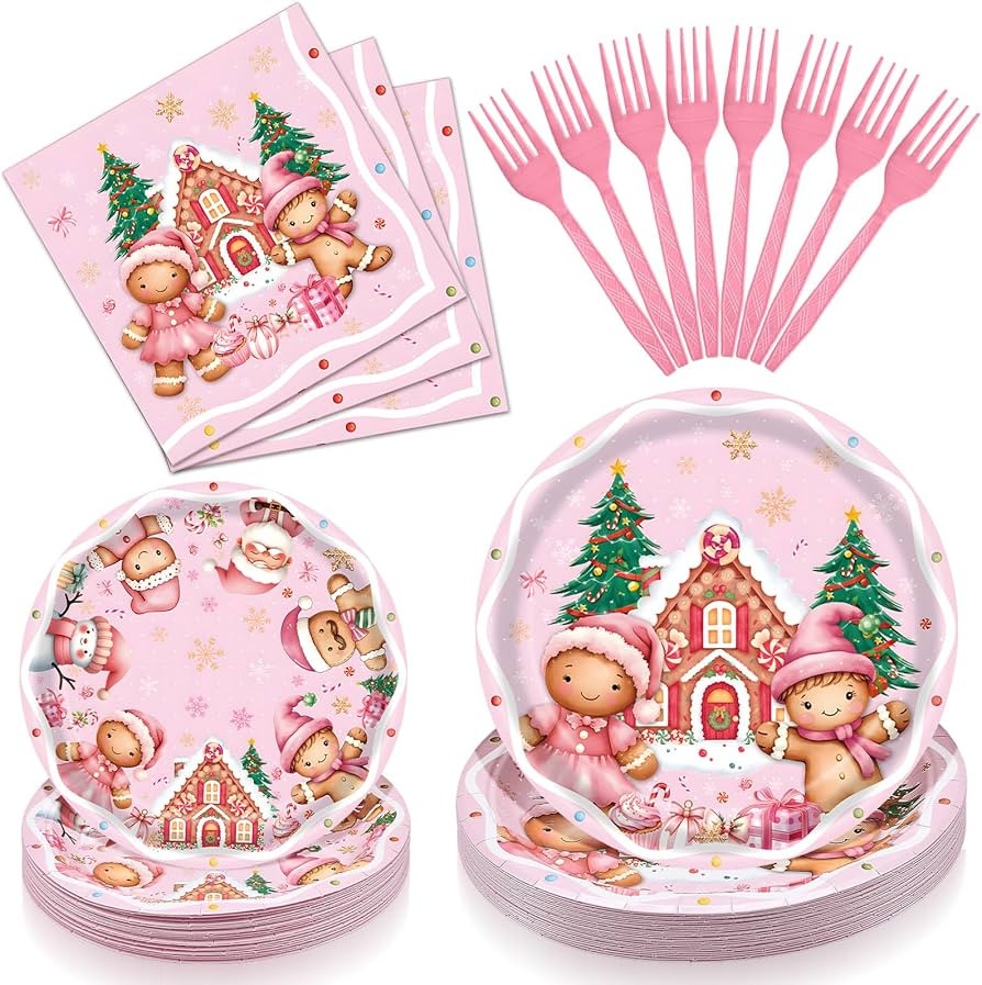 100 Pcs Pink Gingerbread Christmas Tableware Party Supplies – Disposable Holiday Dinnerware Set... | Amazon (US)