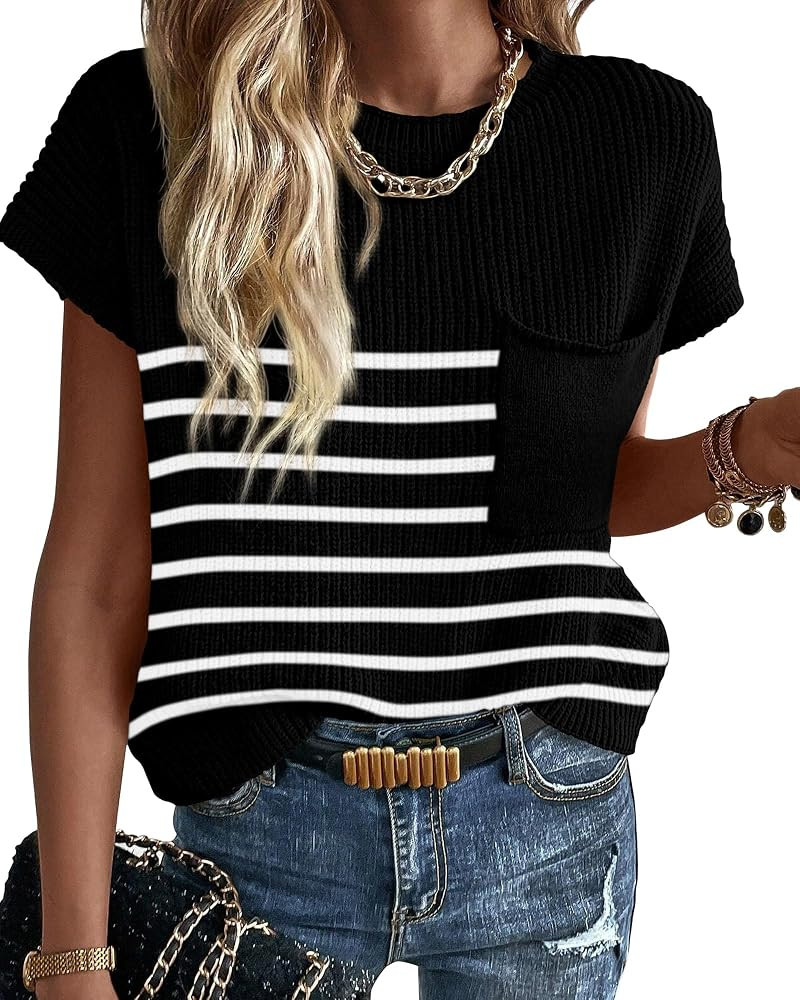 KIRUNDO Womens Spring Fall Cap Sleeve Tops 2024 Summer Casual Crew Neck Lightweight Sweater Vest ... | Amazon (US)