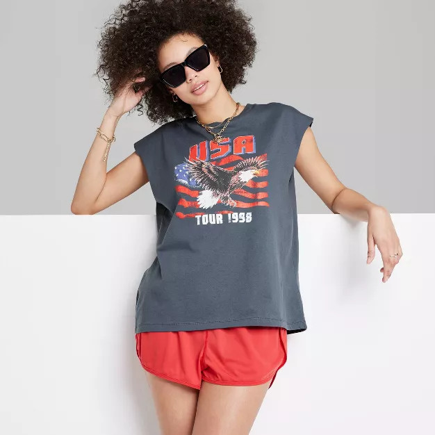 Women's Ascot + Hart USA Eagle Muscle Graphic Tank Top - Gray S | Target