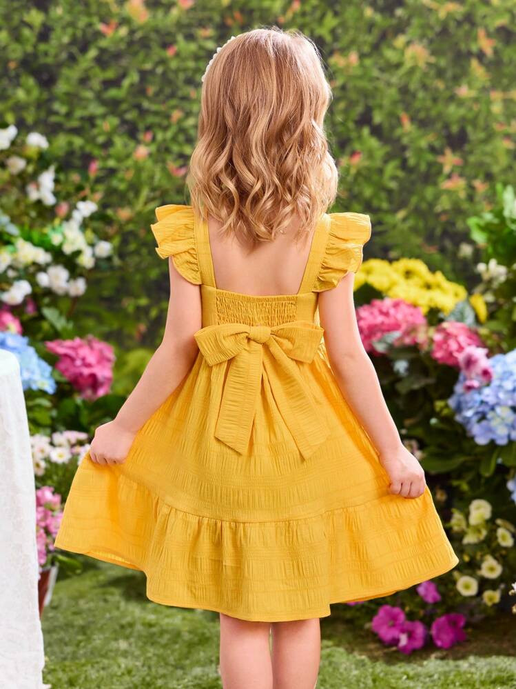 SHEIN Fern Glow Young Girl's Yellow Ruffled Short Cap Sleeve Dress, Summer Vacation | SHEIN