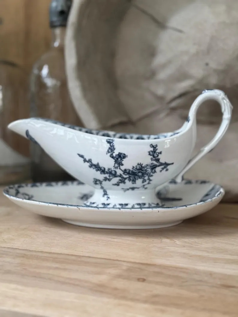 Antique French Blue and White Transferware Gravy Boat With Saucer | Floral, Shell & Butterfly Mot... | Etsy (US)