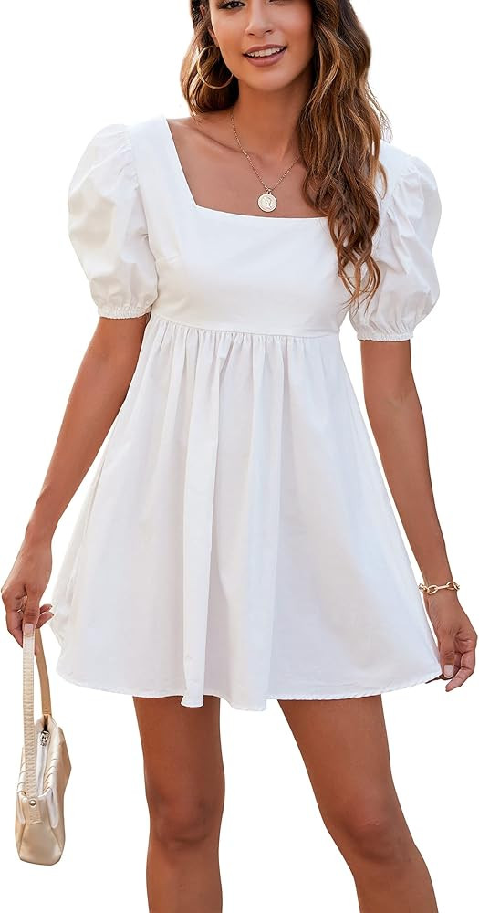 Rozegaga Womens Sexy Puffed Sleeve Backless Lace Up Babydoll Mini Dresses | Amazon (US)