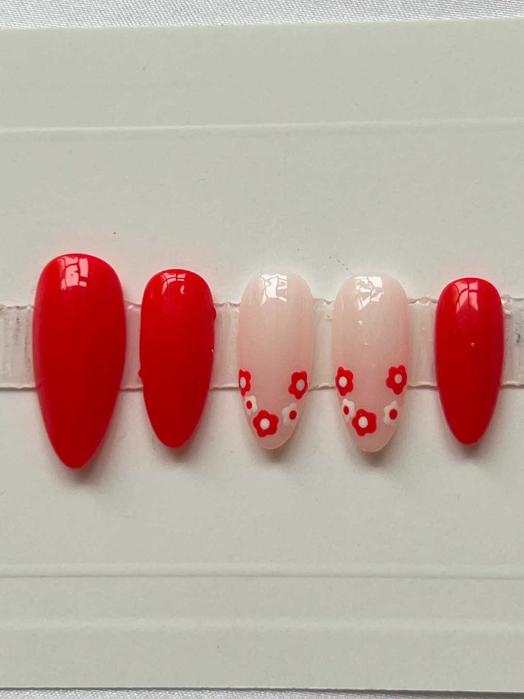Luxury Hand Painted Press on Nails Red White Floral - Etsy | Etsy (US)