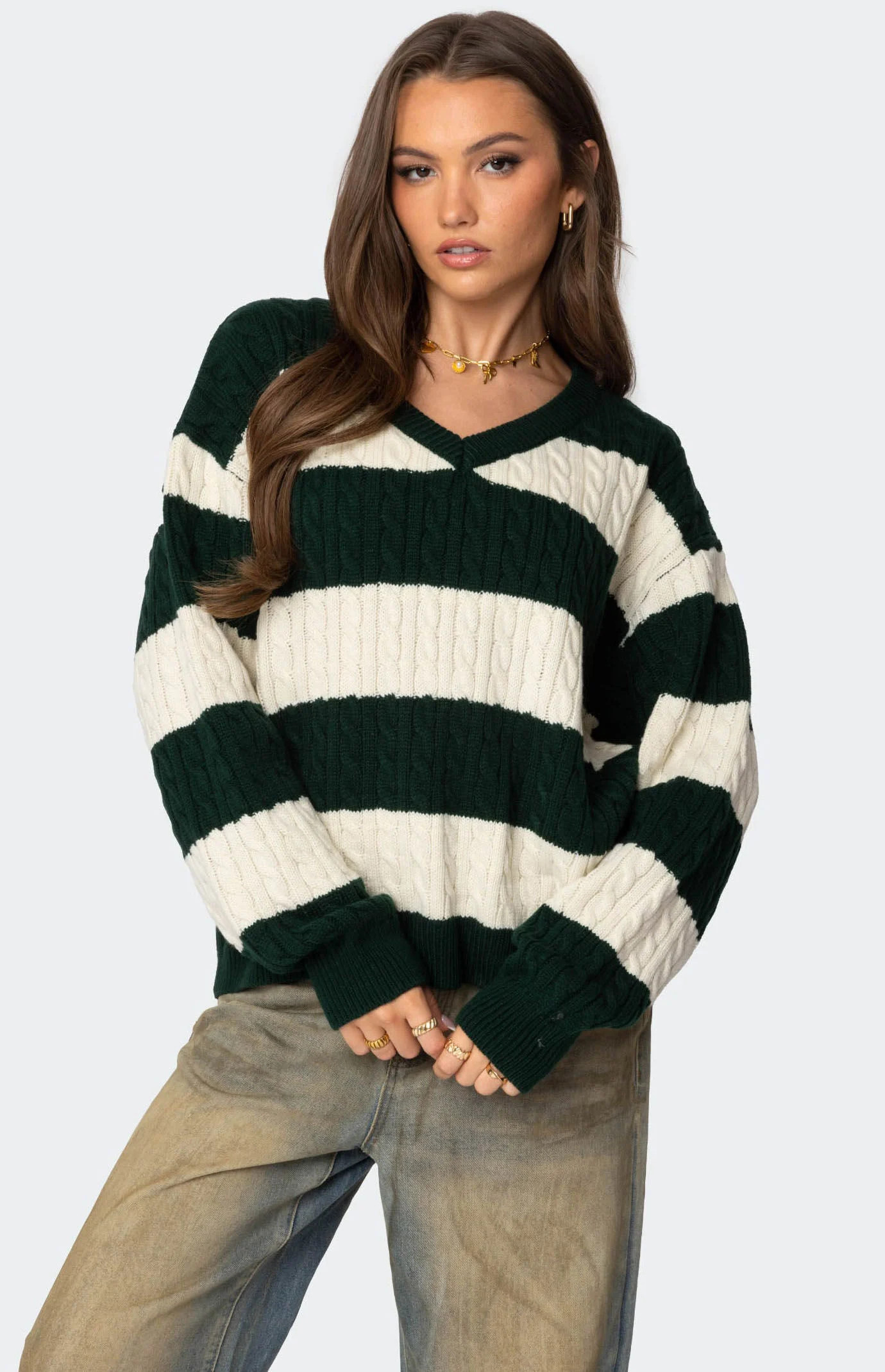 Edikted Women's Oversized Striped Cable Knit Sweater in Green - Size Small | PacSun