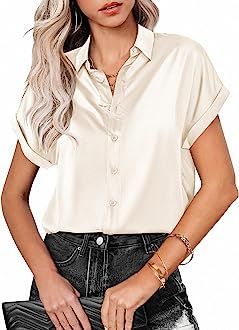 Zeagoo Silk Blouse for Women Short Sleeve Satin Button Down Shirts Casual Loose V-Neck Business W... | Amazon (US)